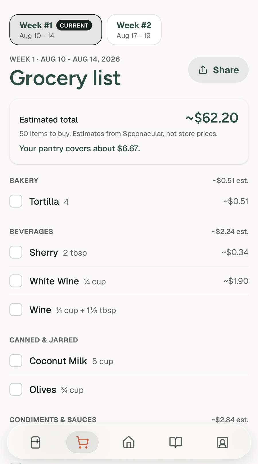 A Serasi grocery list with an estimated total and items grouped by aisle