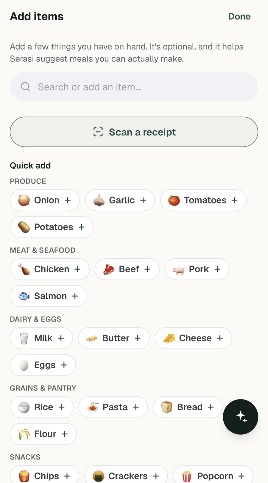 Serasi's Add items screen, with a search field and a Scan a receipt button
