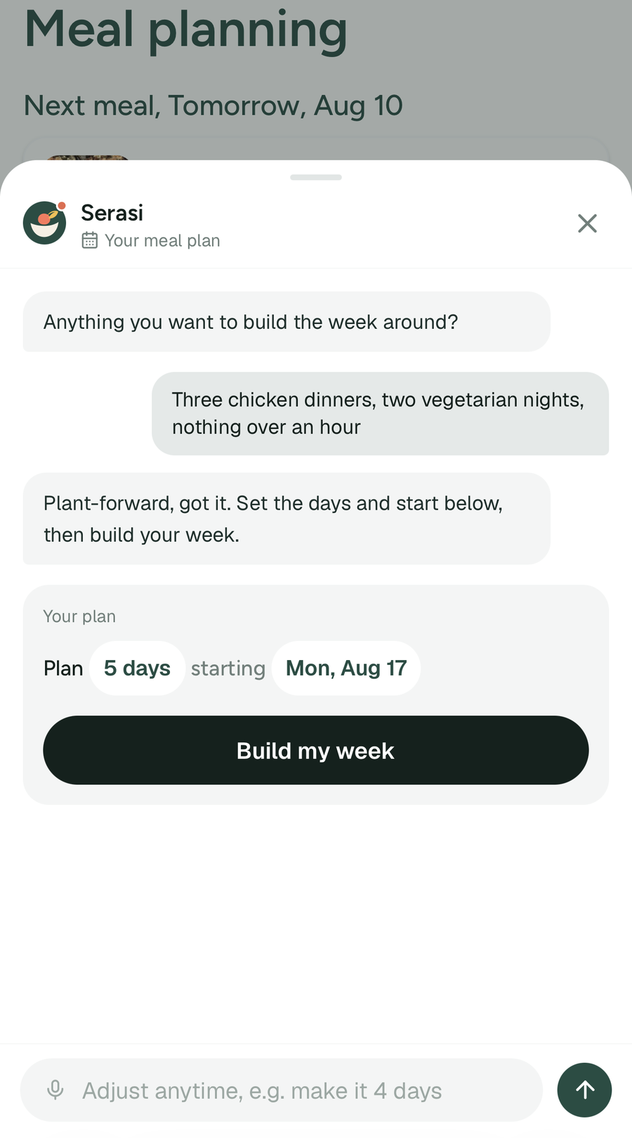 The Serasi planner, with a typed request for three chicken dinners and two vegetarian nights