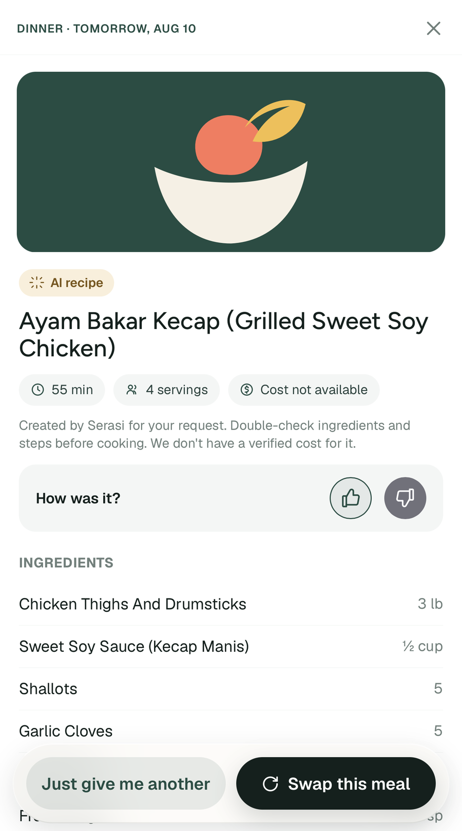 A Serasi recipe for Ayam Bakar Kecap, carrying an AI recipe badge