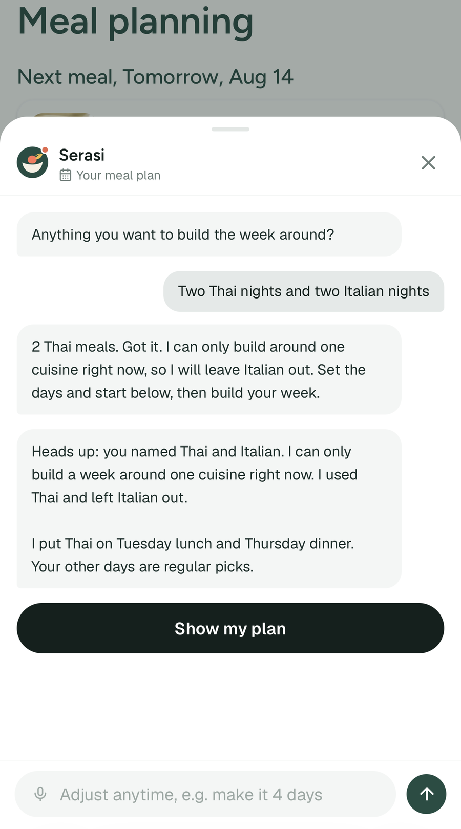 The Serasi planner replying to a request for Thai and Italian nights, saying it can only build a week around one cuisine, that it used Thai and left Italian out, and which days the Thai meals landed on