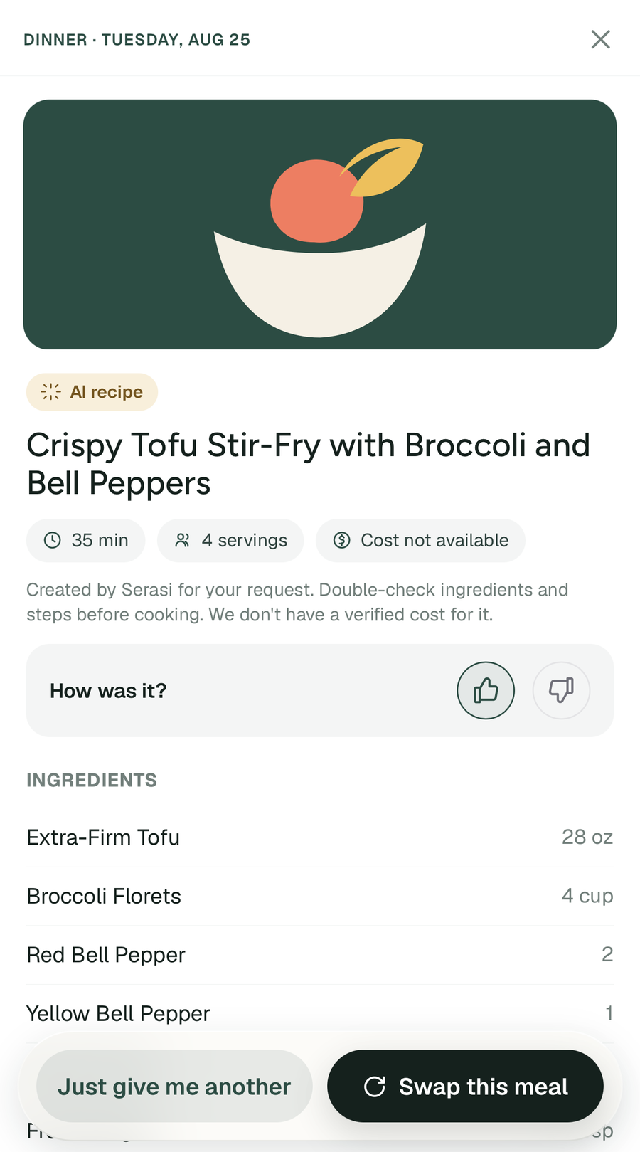 A Serasi recipe for Crispy Tofu Stir-Fry carrying the AI recipe badge, above the line reading Created by Serasi for your request, double-check ingredients and steps before cooking